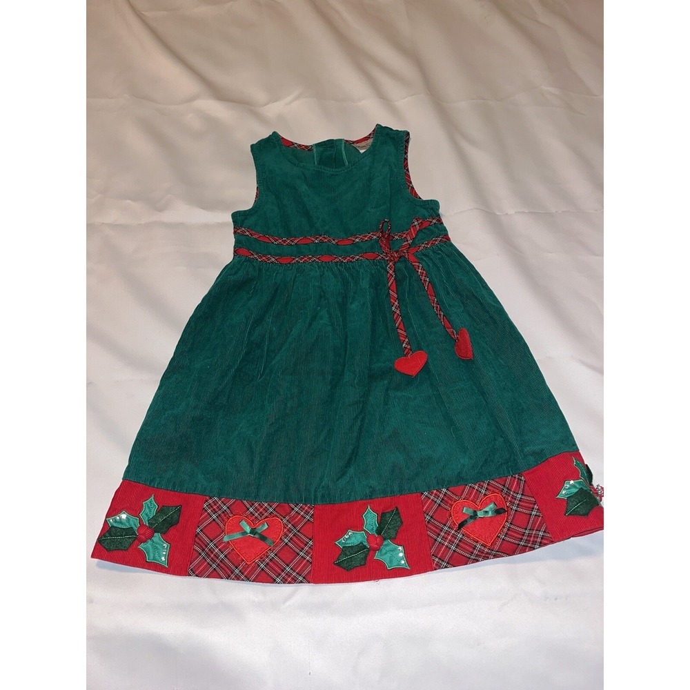 Rare‎ Editions Green Corduroy Holly And Hearts  Jumper, Size 6 Christmas